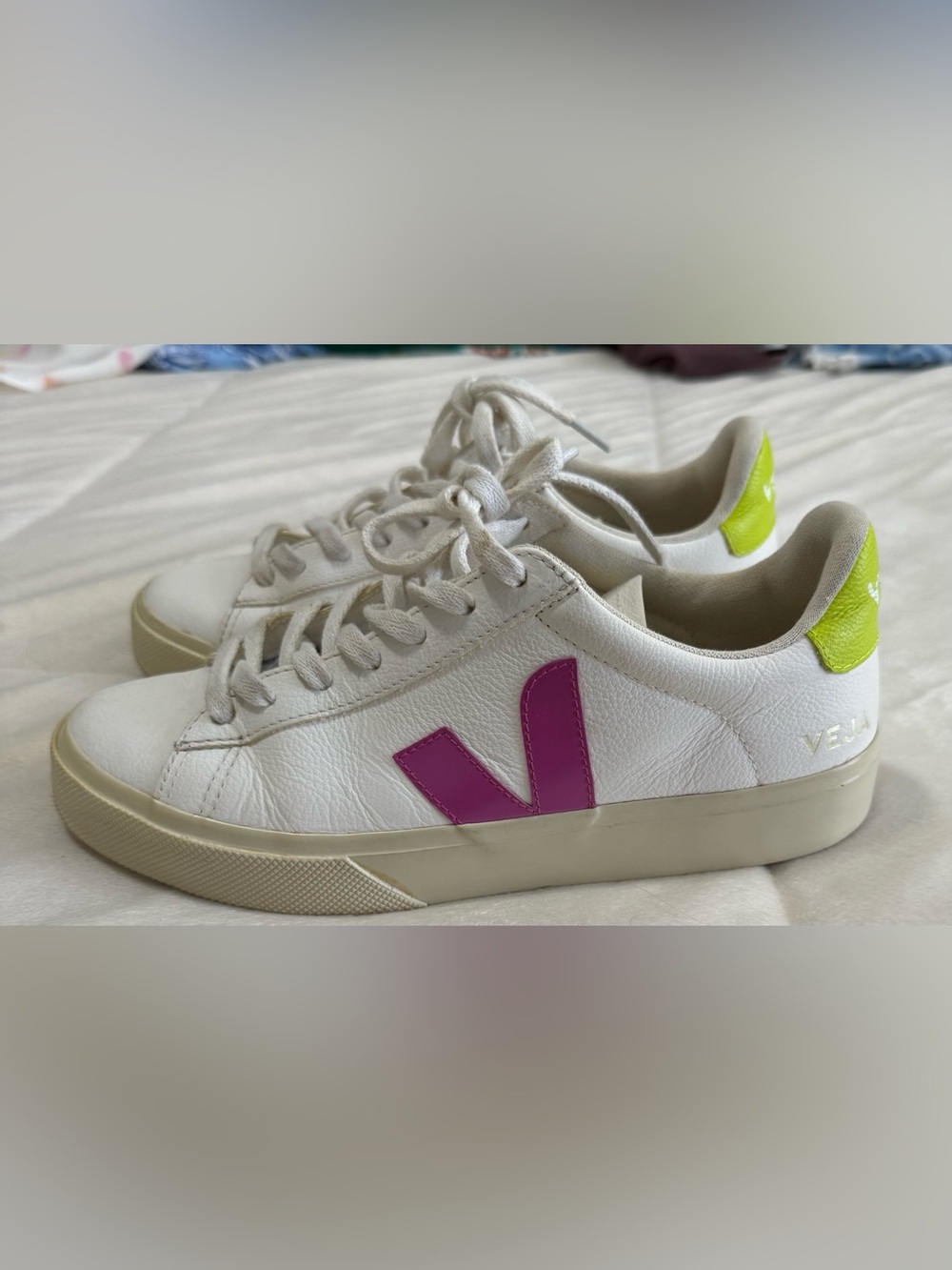 VEJA Campo Leather Sneakers White Pink & Lime Green Women’s US 8 EU 39 - Picture 4 of 8